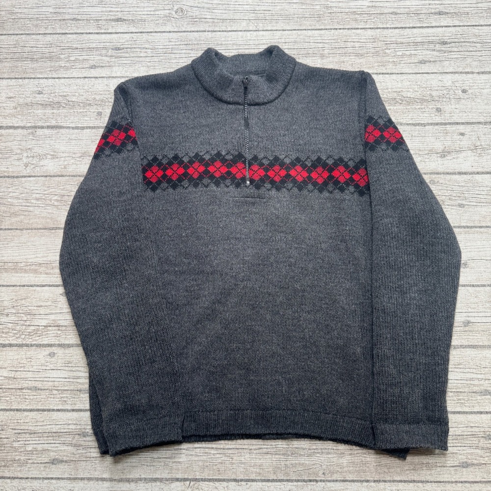 Kootenay Argyle Sweater Mens Medium Gray Wool Canadian Knit Quarter Zip Pullover